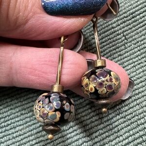 Boho 2"x.5" Millefiori-Like Hand Glazed Ceramic + Antique Gold Drop Earrings